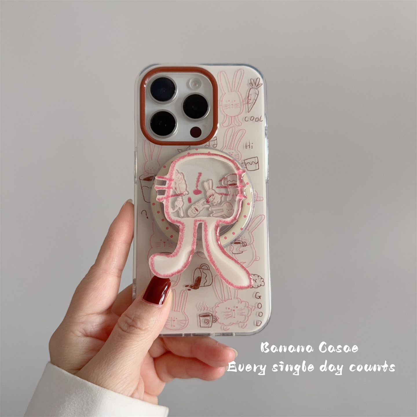 BananaCase韩国ins趣味咖啡线条兔子插画适用17pro苹果15promax磁吸手机壳iPhone16摇摇乐支架13/14pro保护套