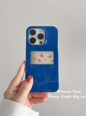 韩国ins小众克莱因蓝方框金鱼适用iphone16promax手机壳15pro苹果17pro全包防摔16可爱17air亚克力保护套14潮