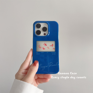 韩国ins小众克莱因蓝方框金鱼适用iphone16promax手机壳15pro苹果17pro全包防摔16可爱17air亚克力保护套14潮