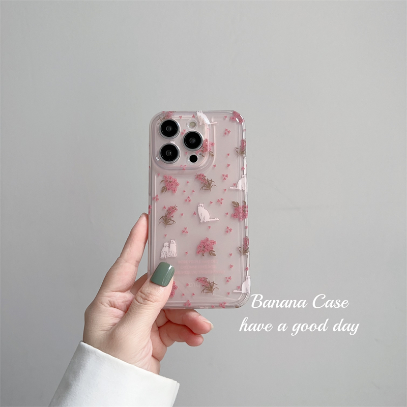 BananaCase韩国ins温柔小碎花白色猫咪适用苹果15pro手机壳iPhone14透粉色16promax防摔11/12pro少女13保护套