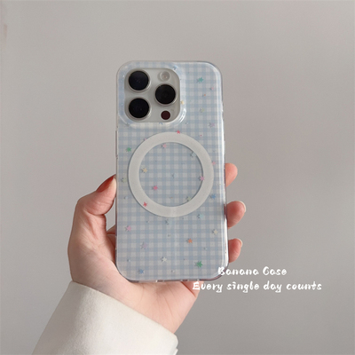 韩国ins小组清新淡蓝格纹磁吸壳