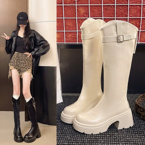 厚底骑士靴女秋季皮带扣长筒靴