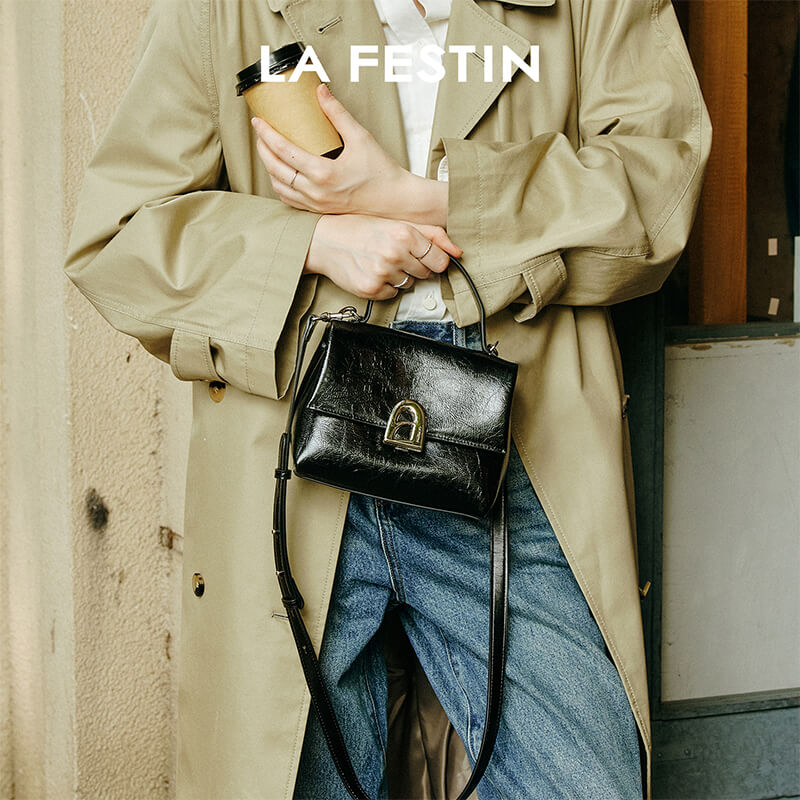 拉菲斯汀塌塌手提包包女式2025新款秋冬黑色斜挎包真皮通勤凯莉包