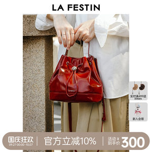 拉菲斯汀头层牛皮包2025新款红色包包斜挎真皮女包小众手提水桶包