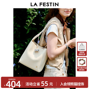拉菲斯汀頭層牛皮包2025新款 白色夏天真皮女包斜挎包大容量水桶包