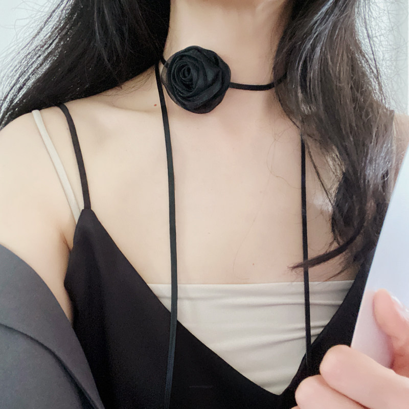 花朵网纱皮绳女系带玫瑰花项链