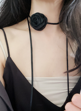 花朵网纱皮绳女系带玫瑰花项链