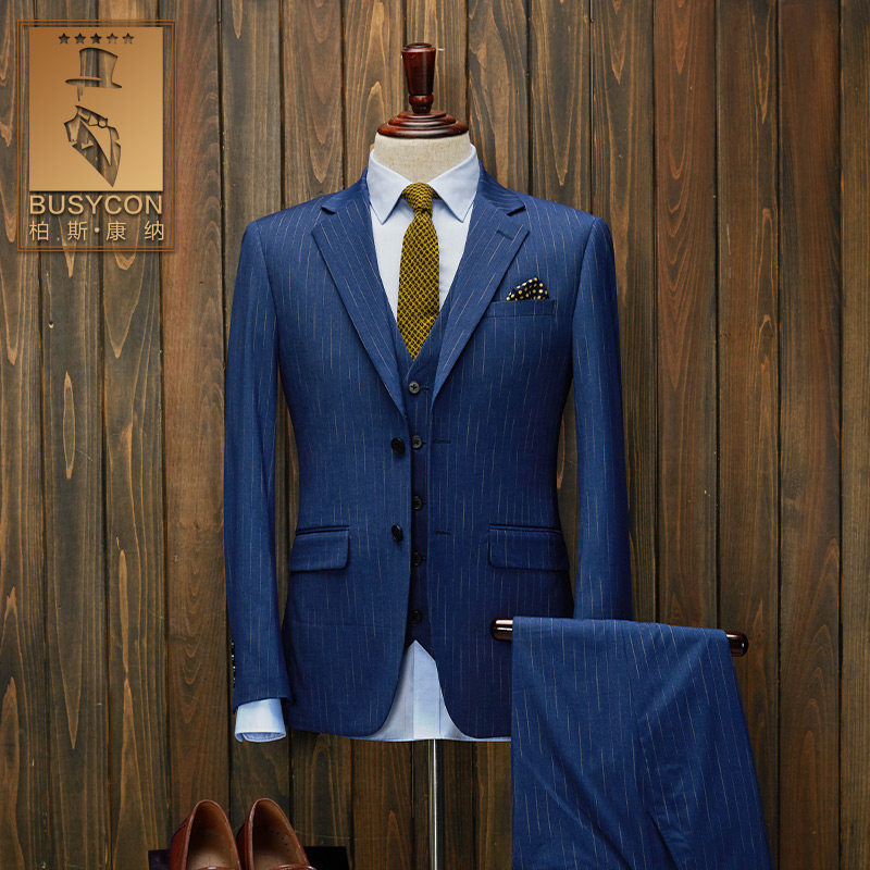 西服套装男蓝色条纹婚礼正装英伦风新郎结婚礼服男西装夏季薄款 Busycon旗舰店