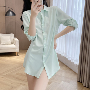 白衬衣女中长款韩范bf风衬衫性感睡衣宽松长袖百搭开衫上衣衬衫