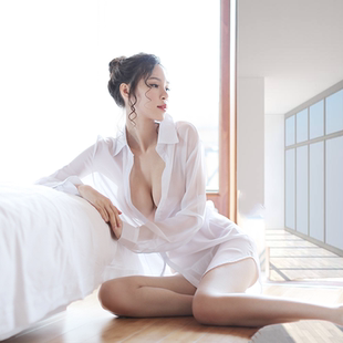 睡衣透视女方便睡裙透明情侣性感****衬衣 女款 宽松大码 雪纺白衬衫