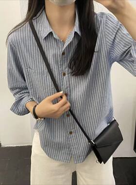 条纹休闲显瘦衬衫女长袖2026春秋季新款百搭上衣女士棉麻宽松上衣