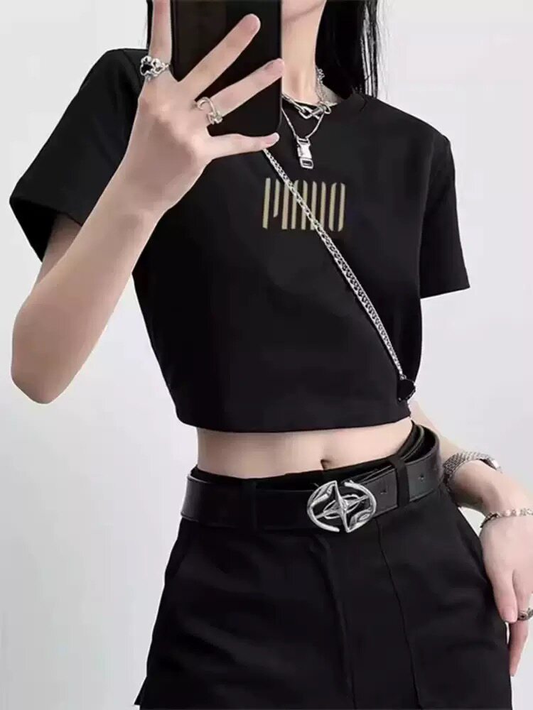 2026夏季新款短款露脐辣妹体恤上衣潮修身小个子黑色女士短袖T恤