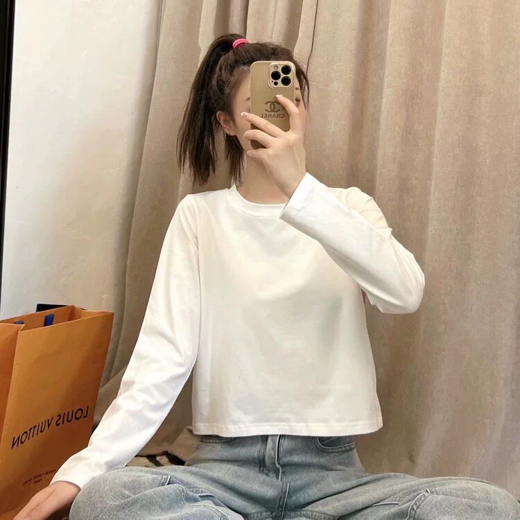 2026春秋新款内搭宽松打底衫百搭时尚潮ins超火纯色短款长袖T恤女