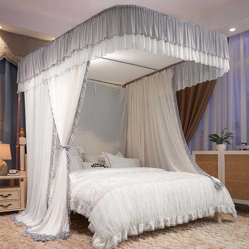 双层导轨蚊帐新款公主u型轨道防尘遮光家用卧室三开门落地加粗密