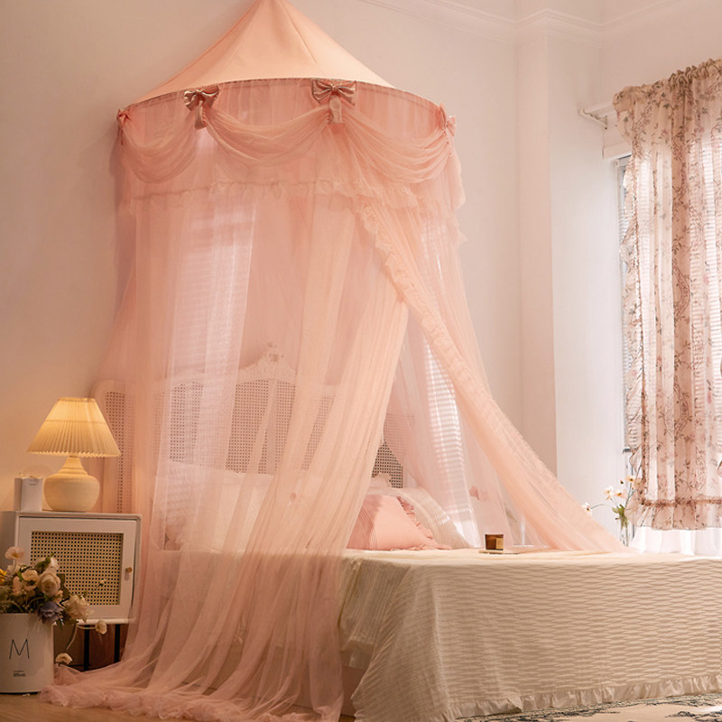 新款吊顶圆形蚊帐公主风女孩蕾丝粉色床幔单开门防蚊家用韩式防尘