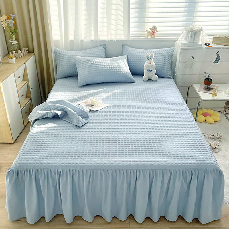 全棉色织水洗棉床裙三件套加厚夹棉床套防滑单双人床纯棉床罩单件