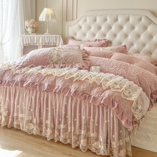 2025新款牛奶绒夹棉床盖床裙四件套冬天韩式蕾丝保暖加厚床上用品