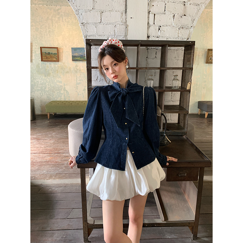 诠释美 NEWOPEN 2025早春法式绝美气质减龄蝴蝶结牛仔衬衫女C3515