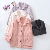 2024年冬法兰绒睡衣上衣女单件加厚保暖坑条珊瑚绒休闲居家可外穿