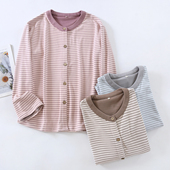 日系德绒条纹家居上衣单件女秋冬加厚保暖宽松休闲条纹睡衣可外穿