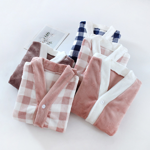 法兰绒长袖 女冬加厚绒休闲格子保暖珊瑚绒家居服上衣 单件睡衣上装