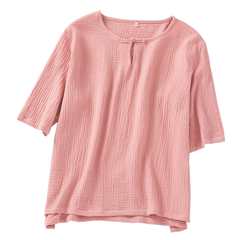 SUPER FAIRY WASHED COTTON GAUZE CREPE PAJAMA TOP WOMENS SINGLE PIECE FRESH RETRO THIN CUTOUT COTTON THREE-QUARTER SLEEVE T-SHIRT