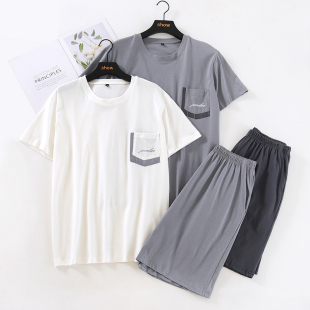 睡衣薄款 夏季 纯棉短袖 短裤 新款 纯色休闲可外穿全棉家居服套装 男士