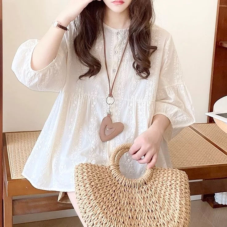 夏季新款纯棉外出哺乳衬衫法式圆领产后月子服喂奶上衣女