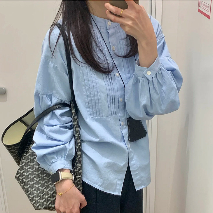 春哺乳衣喂奶上衣风琴褶法式立领通勤宽松白衬衫春日灯笼长袖衬衣