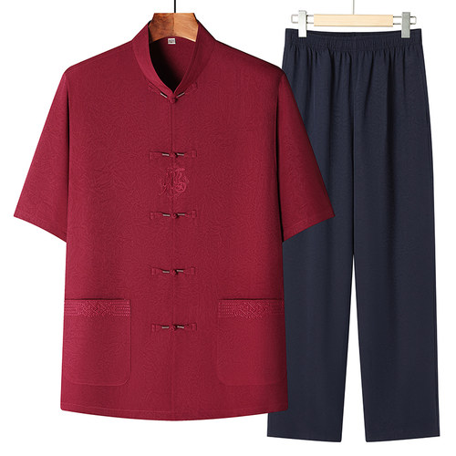 夏季中老年男短袖红色刺绣唐装