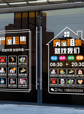 创意房产中介店铺玻璃门贴纸租售租赁房屋托管橱窗布置广告字贴画