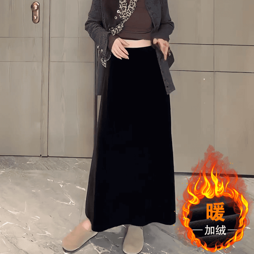 黑色金丝绒半身裙女秋冬大码胖mm高腰显瘦宽松极简风垂感A字长裙