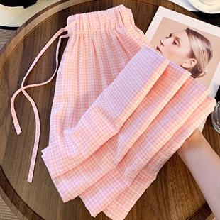 多巴胺穿搭格纹波点粉色休闲裤女夏季薄款高腰拖地直筒裤子