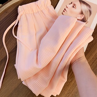多巴胺粉色格子阔腿裤女夏季新款少女感小个子慵懒遛弯裤新款