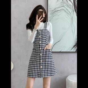 毛呢格子背带裙套装女秋冬新款气质收腰显瘦吊带打底连衣裙两件套