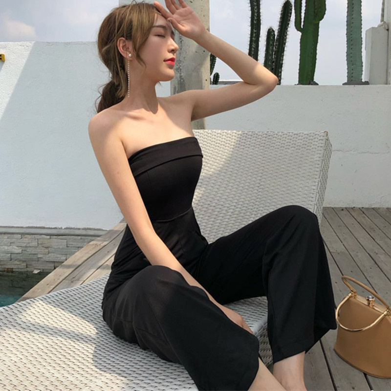 夏季新款法式连体衣女高腰垂感气质连身薄款一字肩抹胸连体裤套装