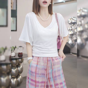 白色天丝v领短袖t恤女夏季正肩体恤2026年新款蝙蝠袖收腰显瘦上衣