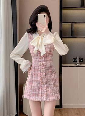 法式小香风蝴蝶结连衣裙女春季新款设计感拼接粉色小个子a字裙子