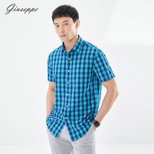 衬衫 短袖 方领休闲撞色格子半袖 薄款 上衣潮 乔治白夏季 顺滑修身 男士