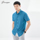 男士 薄款 短袖 乔治白夏季 衬衫 方领休闲撞色格子半袖 顺滑修身 上衣潮