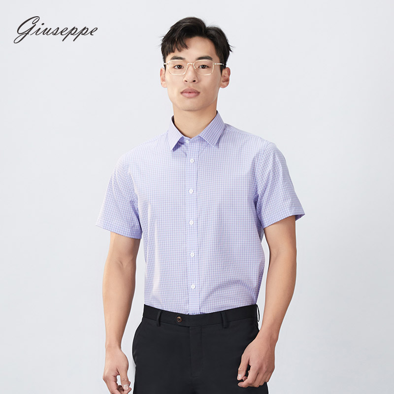 【商场同款】乔治白春夏男士短袖衬衫纯棉尖领紫格修身衬衣