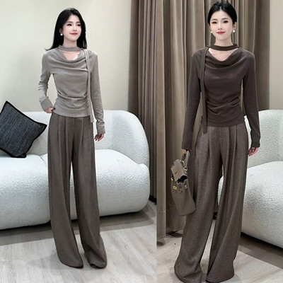 荡领飘带长袖T恤高腰垂感阔腿裤