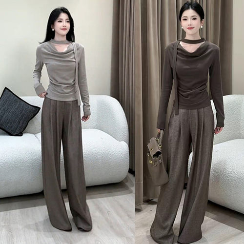 荡领飘带长袖T恤高腰垂感阔腿裤