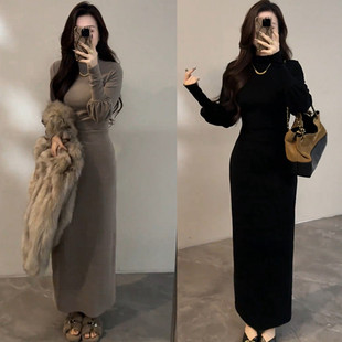 设计感气质半高领灯笼袖 连衣裙女秋冬弹力褶皱收腰显瘦打底长裙潮