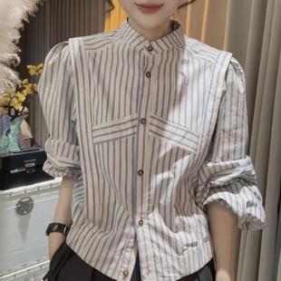 韩系撞色条纹立领拼接长袖 女秋设计感百搭显瘦独特别致上衣潮 衬衫