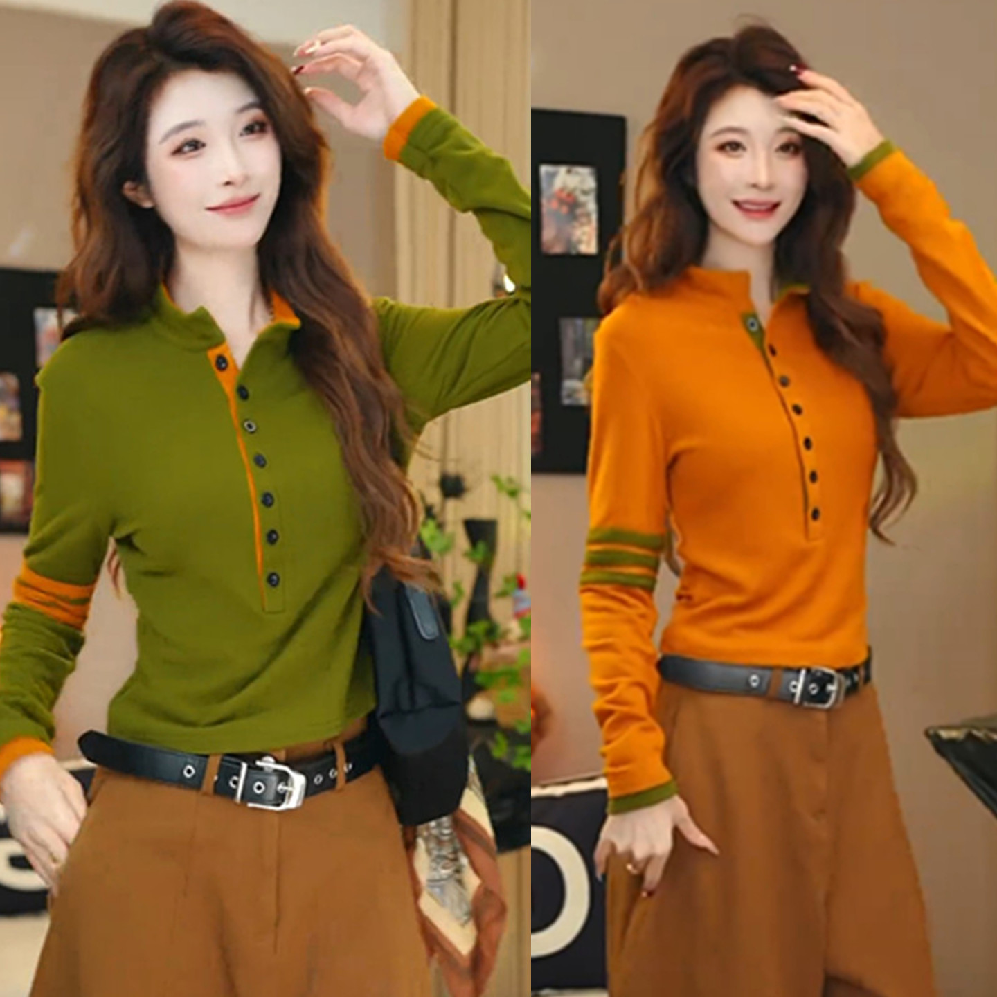 韩系时尚半高领撞色长袖T恤女冬修身显瘦双面绒加厚保暖打底上衣