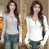 半拉链V领螺纹棉长袖 T恤女2025春季 新款 欧货时尚 修身 显瘦打底上衣