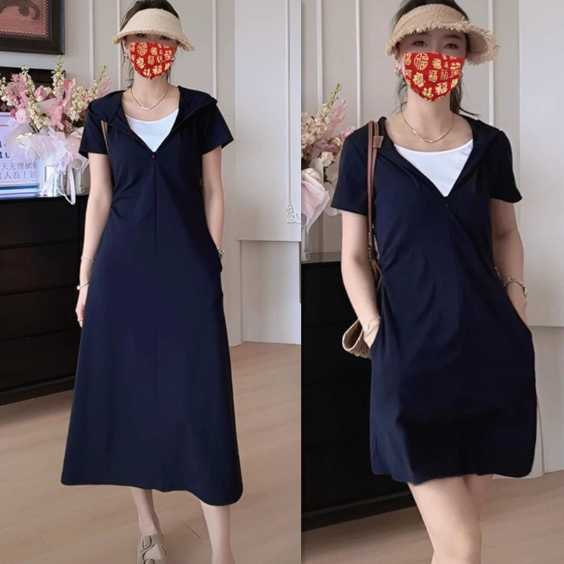 设计感撞色拼接假两件短袖连衣裙女夏季宽松收腰显瘦连帽卫衣长裙