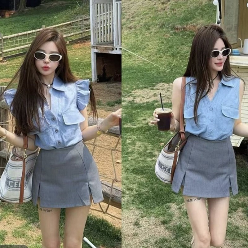 蓝色小飞袖绝美上衣半身短裙套装