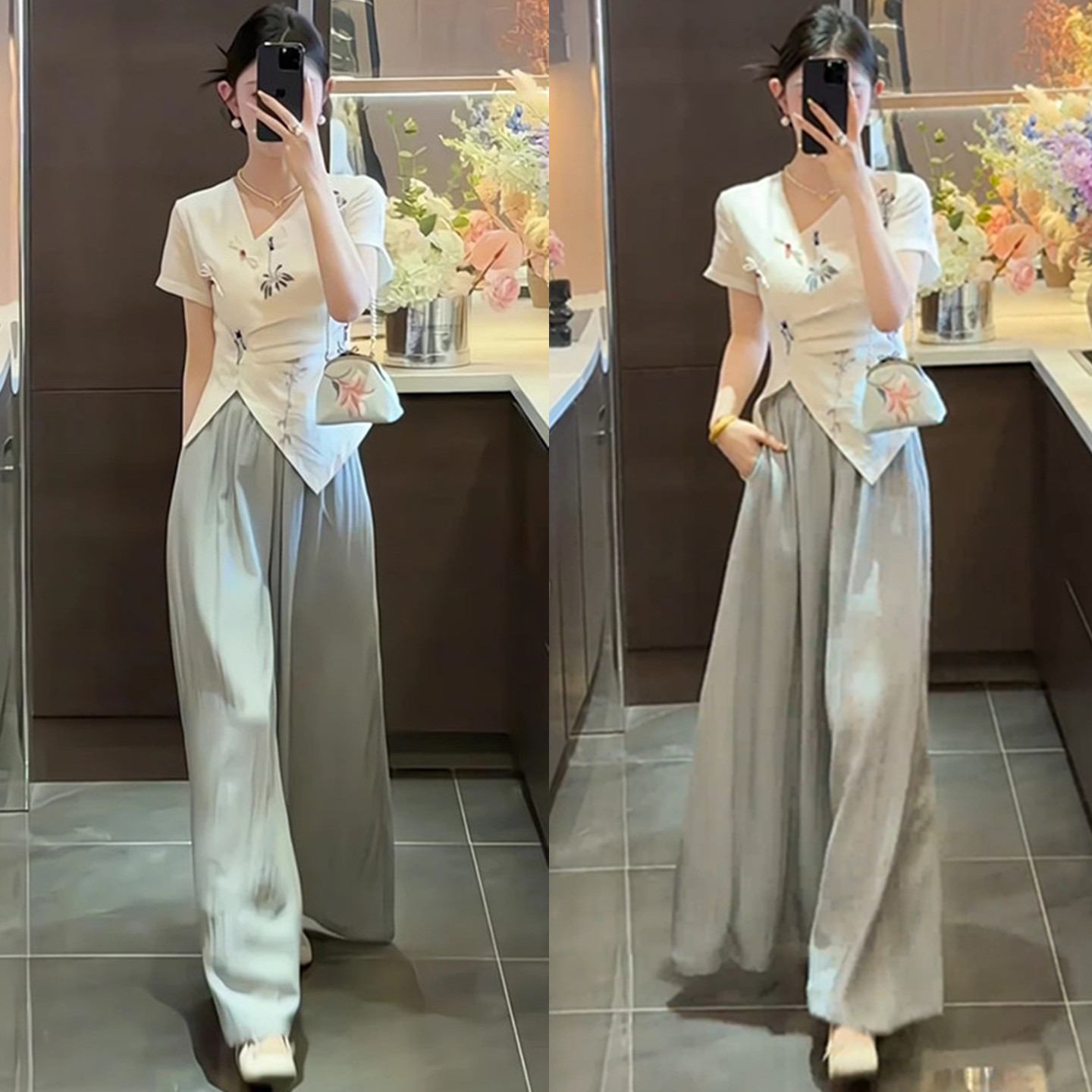 不规则斜襟盘扣短袖上衣阔腿裤